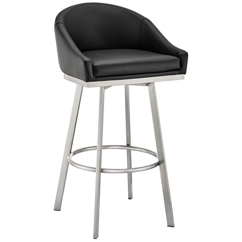 Image 1 Noran 25.5 in. Swivel Barstool in Stainless Steel, Black Faux Leather