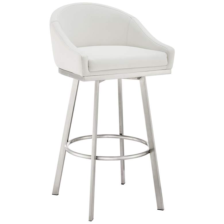 Image 1 Noran 25.5 in. Swivel Barstool in Stainless Steel, White Faux Leather