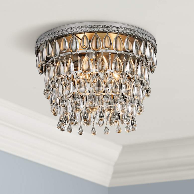 Image 1 Nordic 15 inchW 3-Light Antique Silver and Crystal Ceiling Light