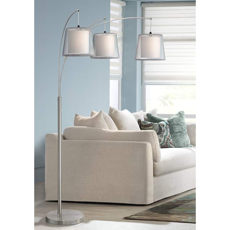 Image 1 Norlan Brushed Nickel 3-Light Arc Floor Lamp w/ Double Shade