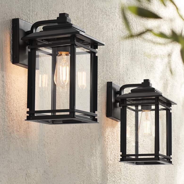 Image 1 North House 12" High Matte Black and Glass Outdoor Wall Light Set of 2