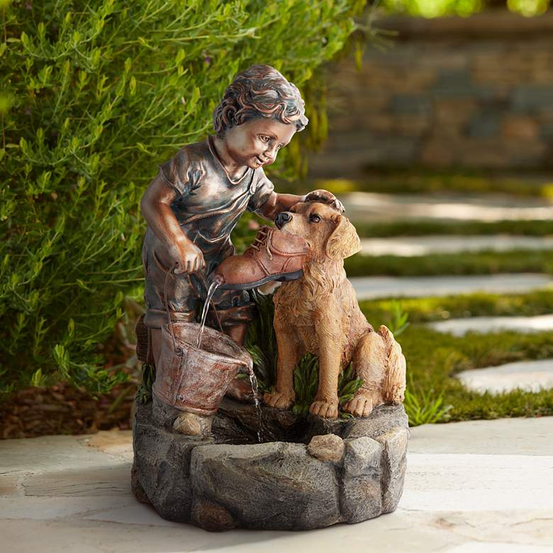Image 1 Northport 24 3/4" High Boy Plays with Dog Outdoor Fountain
