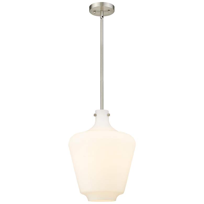 Image 1 Norwalk 12" Brushed Satin Nickel Stem Hung Mini Pendant w/ White Shade