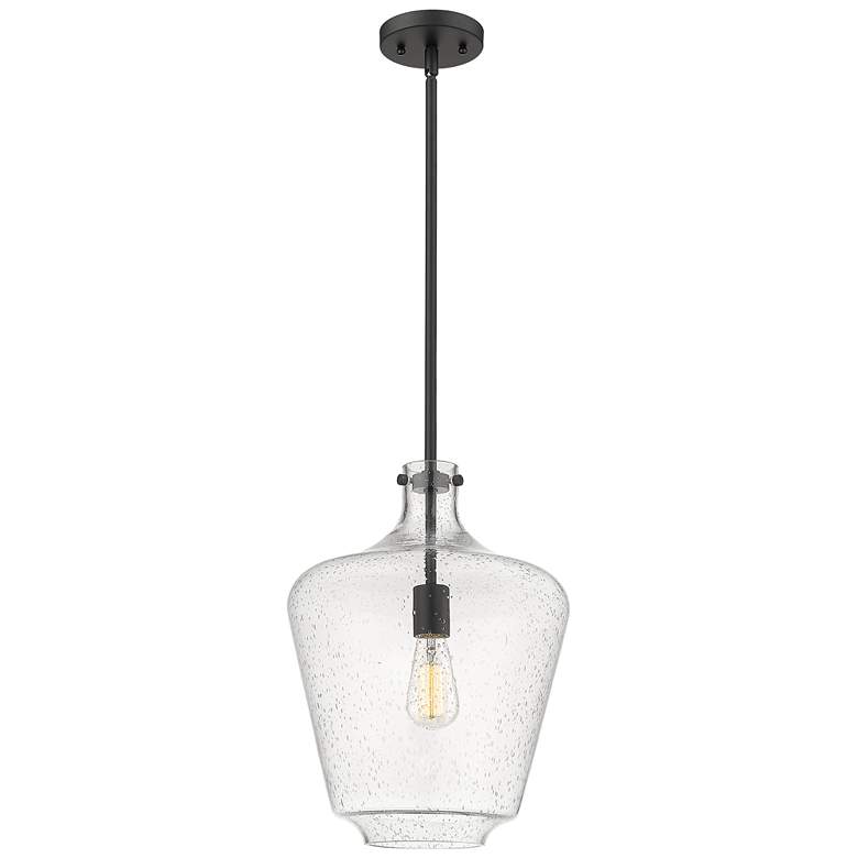 Image 1 Norwalk 12" Matte Black Stem Hung Mini Pendant w/ Seedy Shade