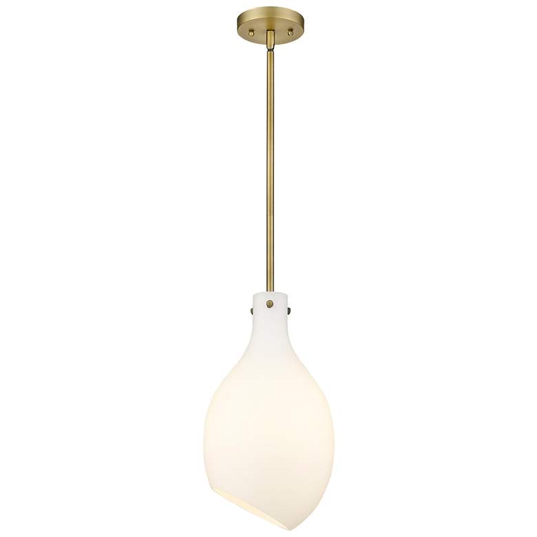 Image 1 Norwalk 9" Brushed Brass Stem Hung Mini Pendant w/ Matte White Shade