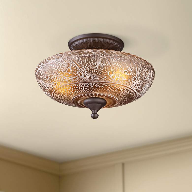 Image 1 Norwich 14" Wide Bronze Restoration Glass Ceiling Light