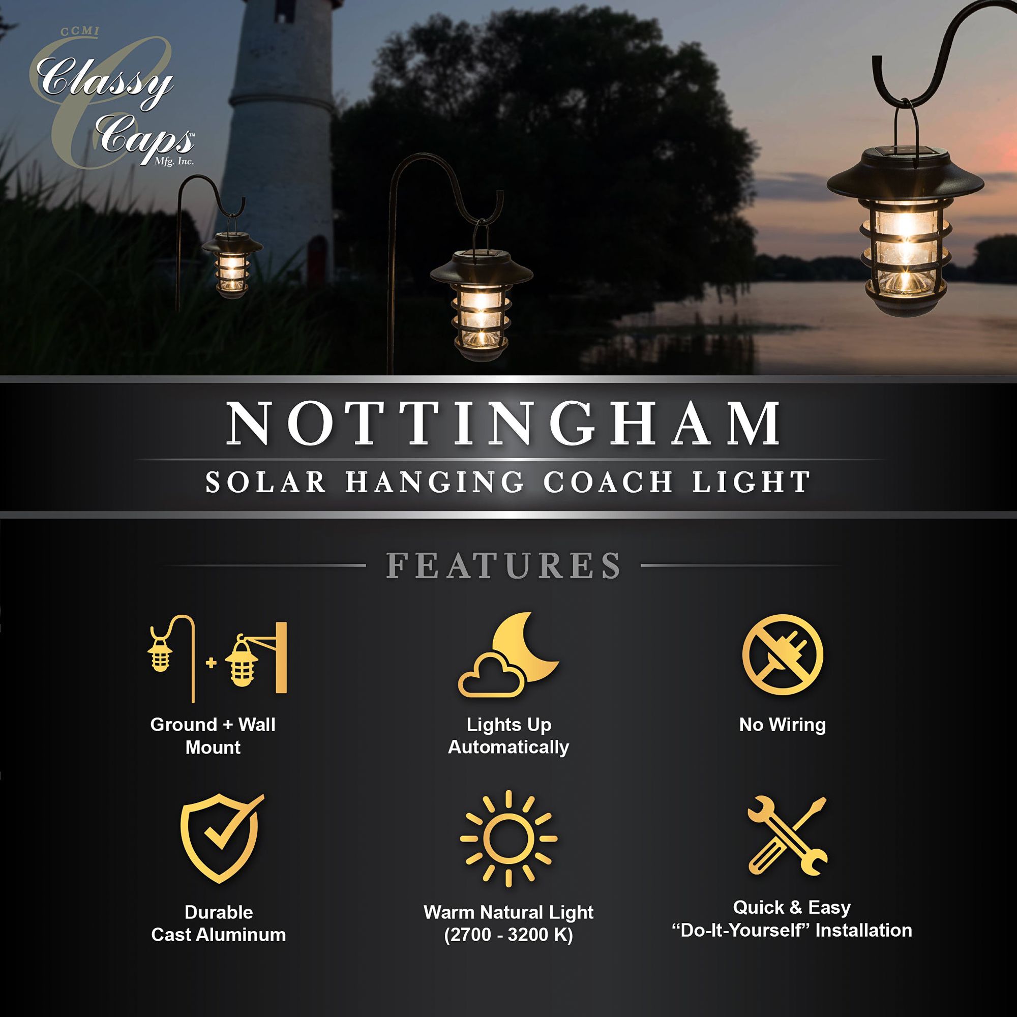 Watch A Video About the Nottingham Black LED Solar LED Hanging Coach Light