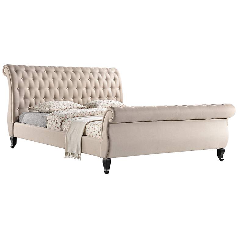 Image 1 Nottingham Tufted Sand Fabric Queen Platform Sleigh Bed