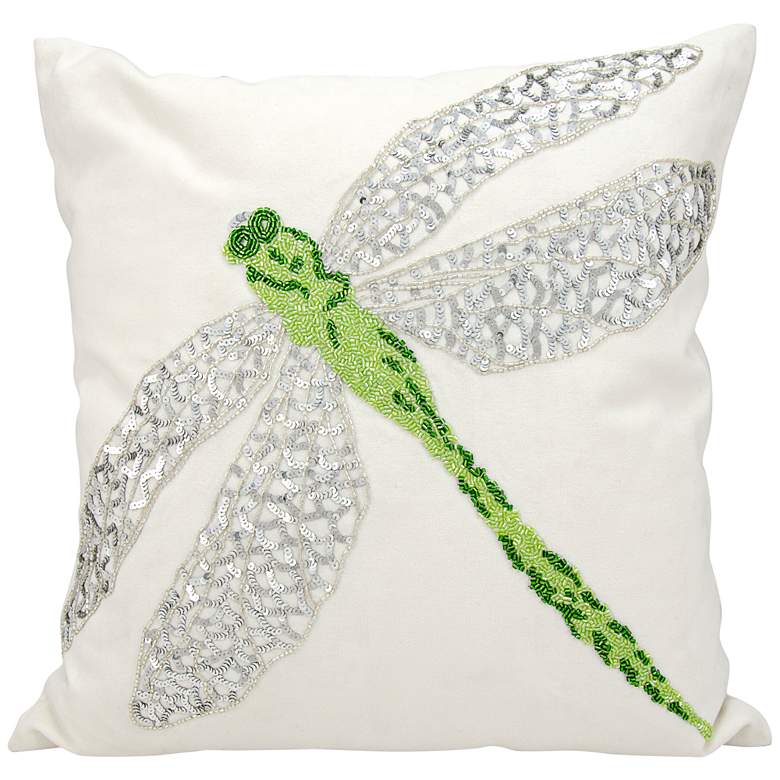 Image 1 Nourison Beaded Dragonfly 18 inch Square Green Outdoor Pillow