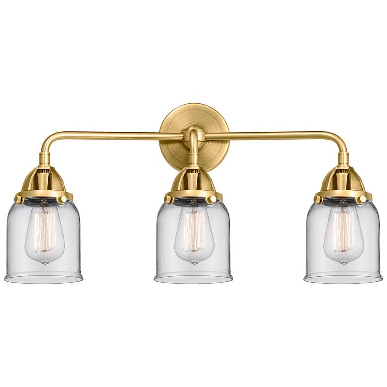 Image 1 Nouveau 2 Bell 5" 3 Light 23" Bath Light - Satin Gold - Clear Sha