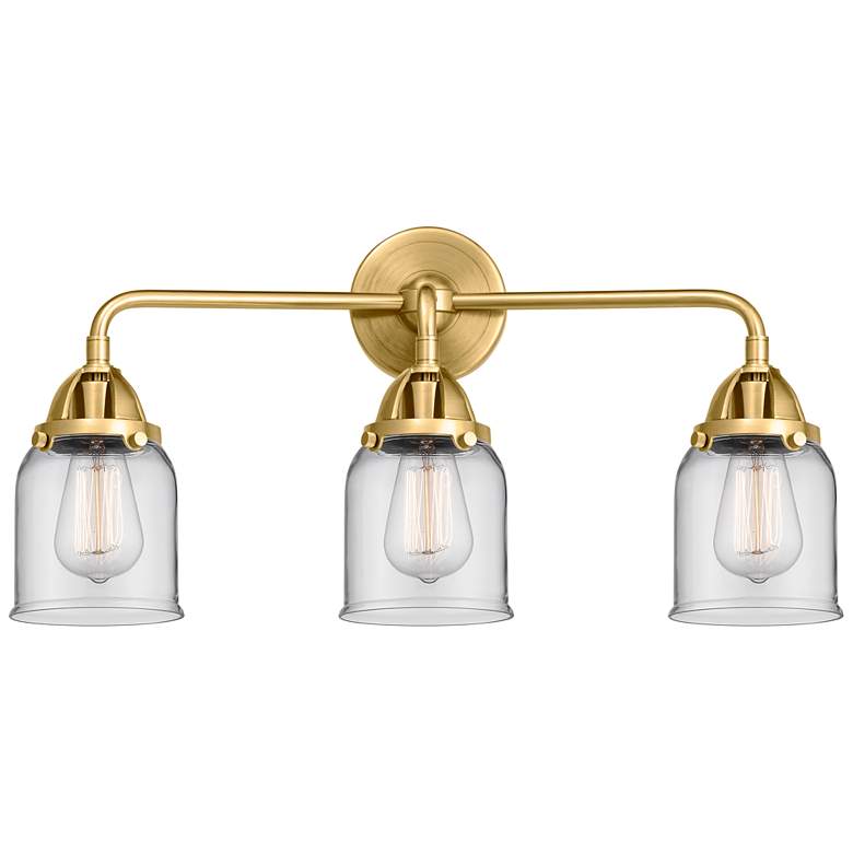 Image 1 Nouveau 2 Bell 5" 3 Light 23" LED Bath Light - Satin Gold - Clear