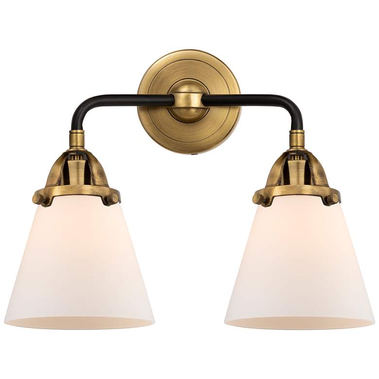 Image 1 Nouveau 2 Cone 6" 2 Light 14" Bath Light - Black Brass - White Sh