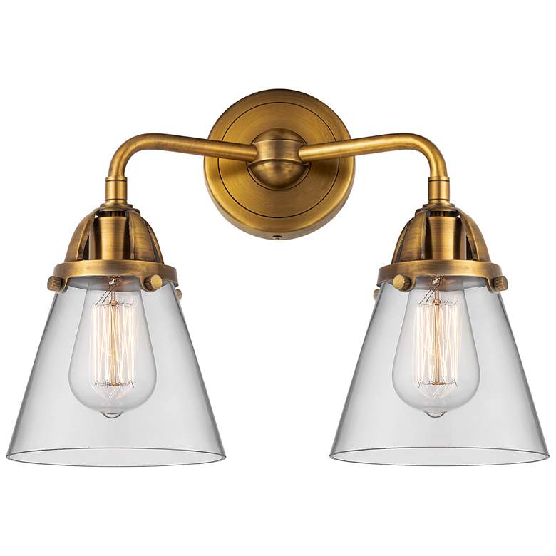 Image 1 Nouveau 2 Cone 6" 2 Light 14" Bath Light - Brushed Brass - Clear