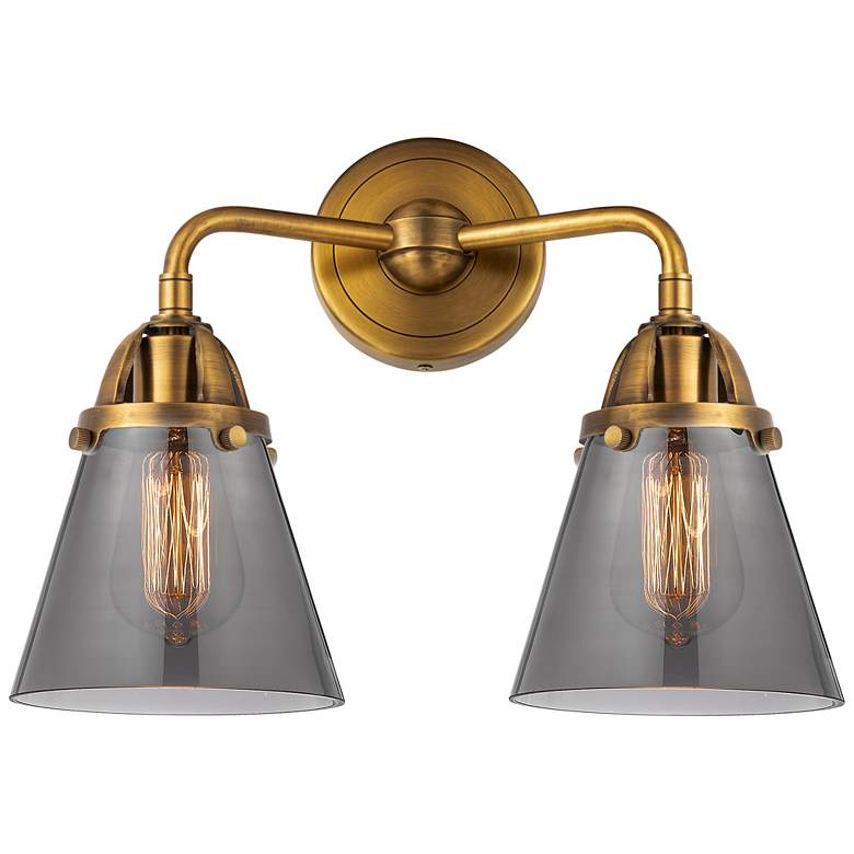 Image 1 Nouveau 2 Cone 6" 2 Light 14" Bath Light - Brushed Brass - Smoke
