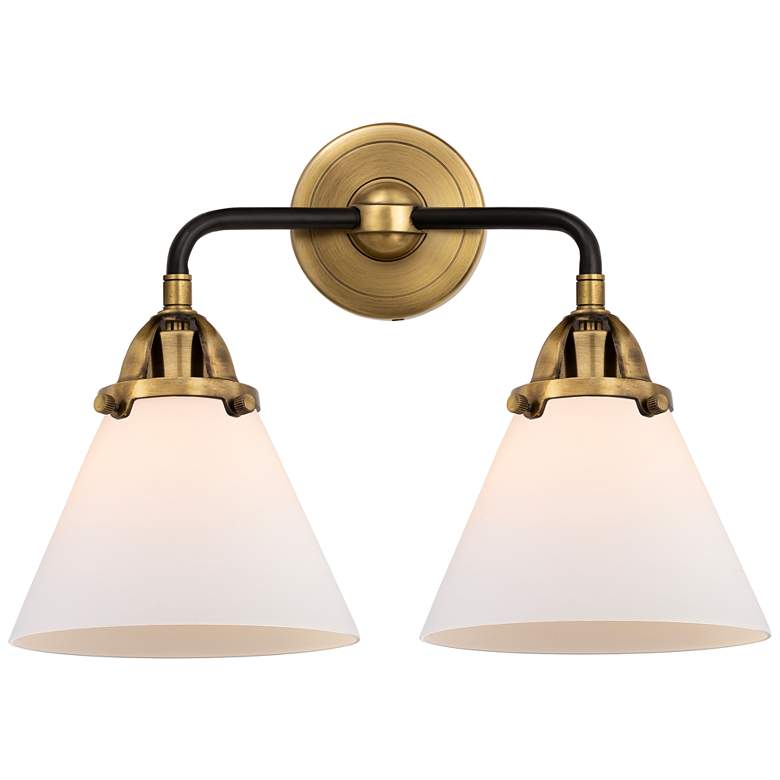 Image 1 Nouveau 2 Cone 8" 2 Light 16" Bath Light - Black Brass - White Sh