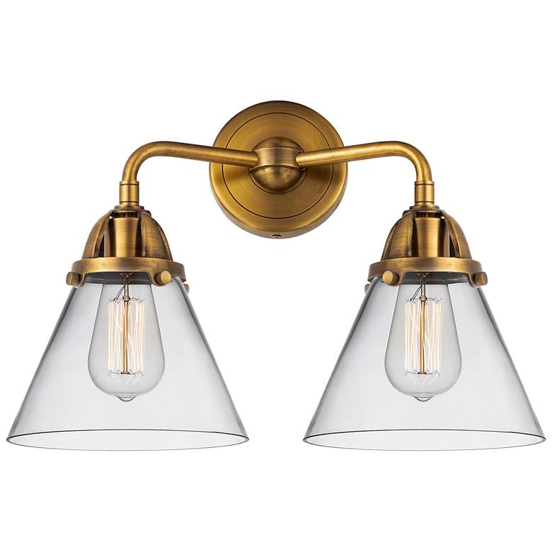 Image 1 Nouveau 2 Cone 8" 2 Light 16" Bath Light - Brushed Brass - Clear