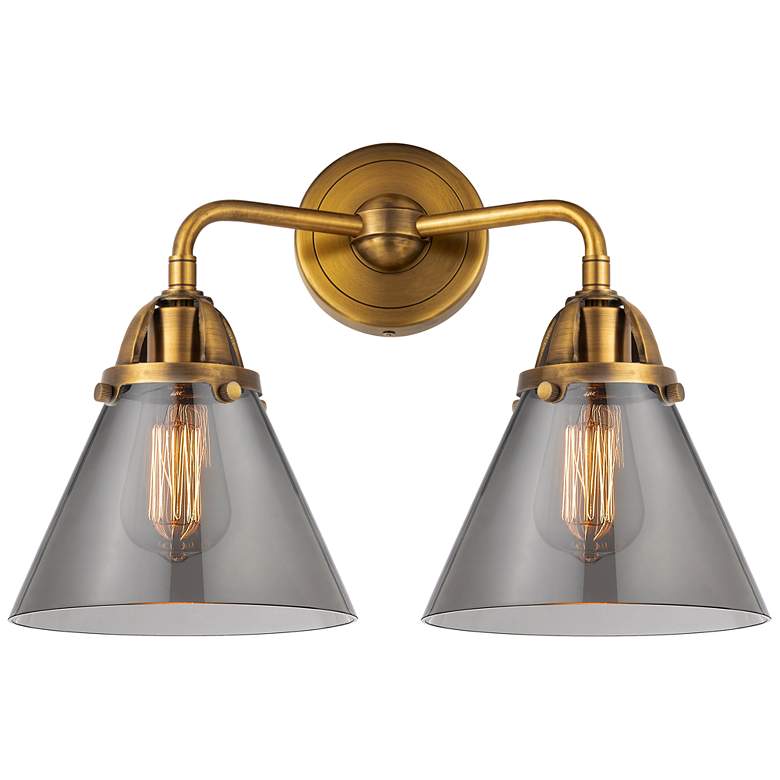 Image 1 Nouveau 2 Cone 8" 2 Light 16" Bath Light - Brushed Brass - Smoke