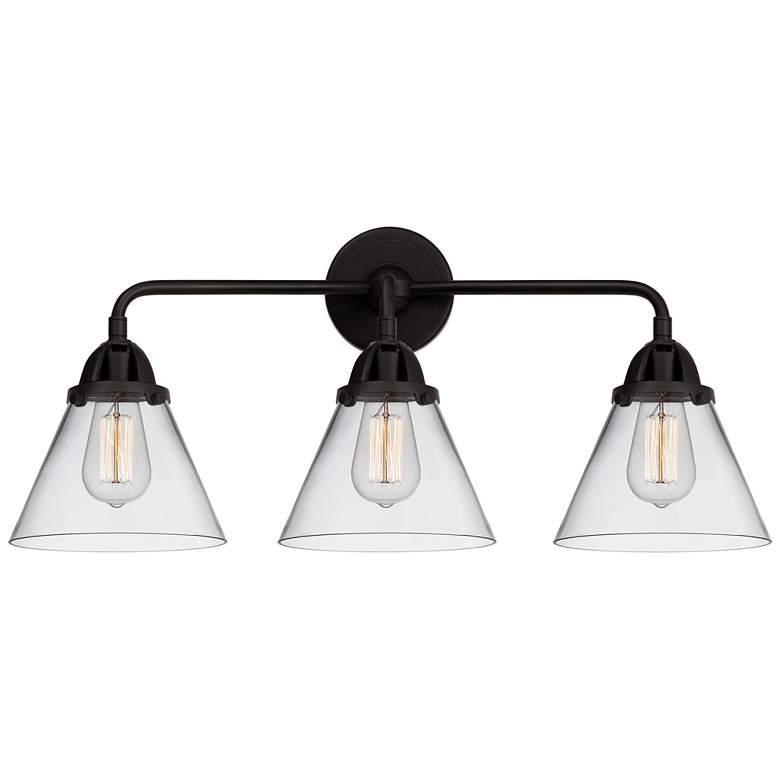 Image 1 Nouveau 2 Cone 8" 3 Light 26" Bath Light - Matte Black - Clear Sh