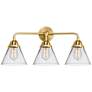 Nouveau 2 Cone 8" 3 Light 26" LED Bath Light - Satin Gold - Clear