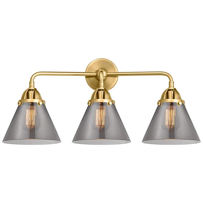 Image 1 Nouveau 2 Cone 8" 3 Light 26" LED Bath Light - Satin Gold - Smoke