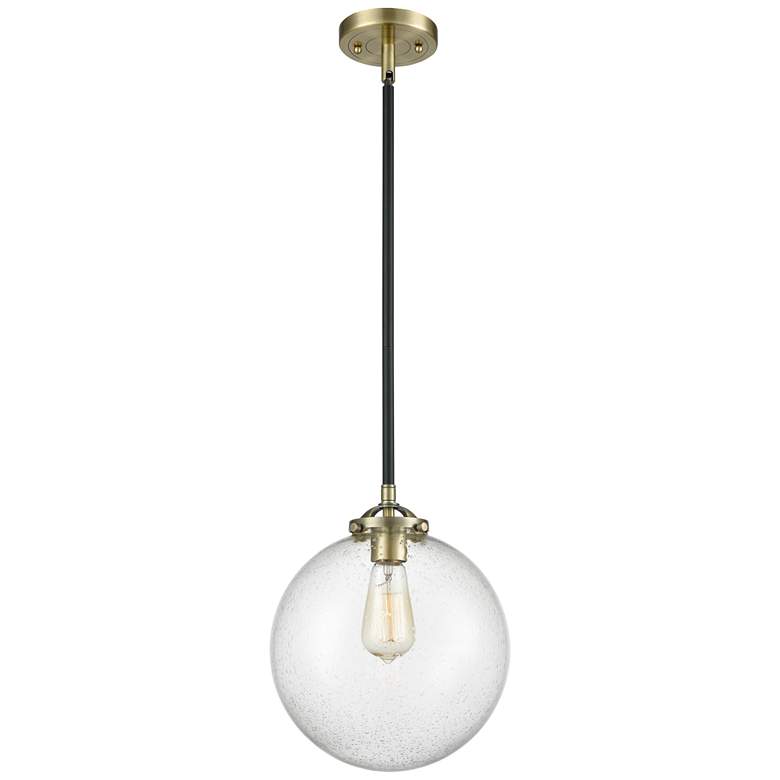 Image 1 Nouveau Beacon 10" Wide Black Brass Stem Hung Mini Pendant w/ Seedy Sh