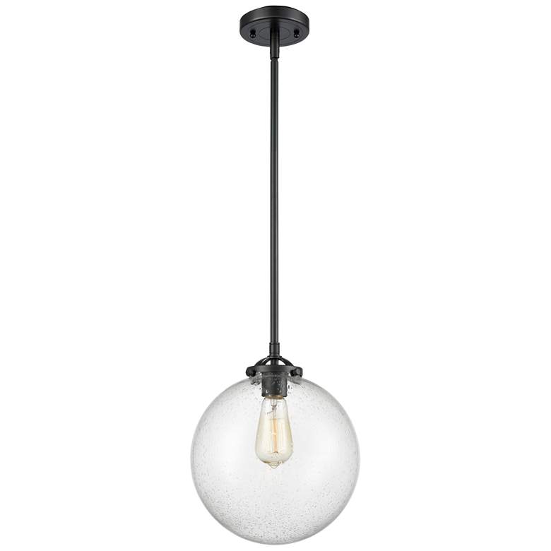 Image 1 Nouveau Beacon 10" Wide Bronze Stem Hung Mini Pendant w/ Seedy Shade