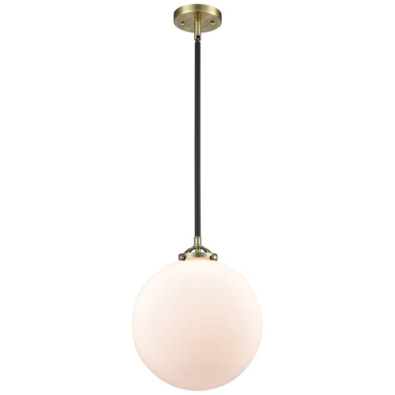 Image 1 Nouveau Beacon 12" Wide Black Brass Stem Hung Mini Pendant w/ White Sh