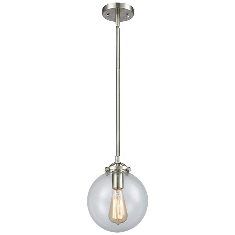 Image 1 Nouveau Beacon 8" LED Mini Pendant - Brushed Satin Nickel - Clear Shad