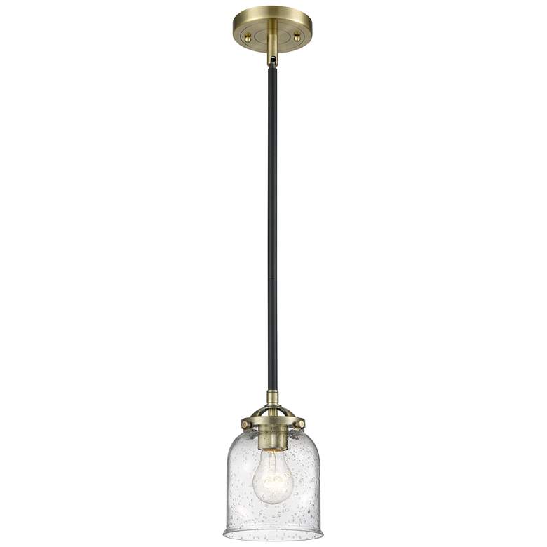 Image 1 Nouveau Bell 5 inch Wide Black Brass Stem Hung Mini Pendant w/ Seedy Shade