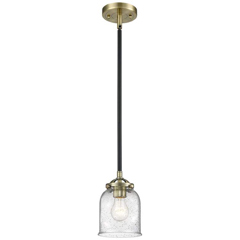 Image 1 Nouveau Bell 5" Wide Black Brass Stem Hung Mini Pendant w/ Seedy Shade