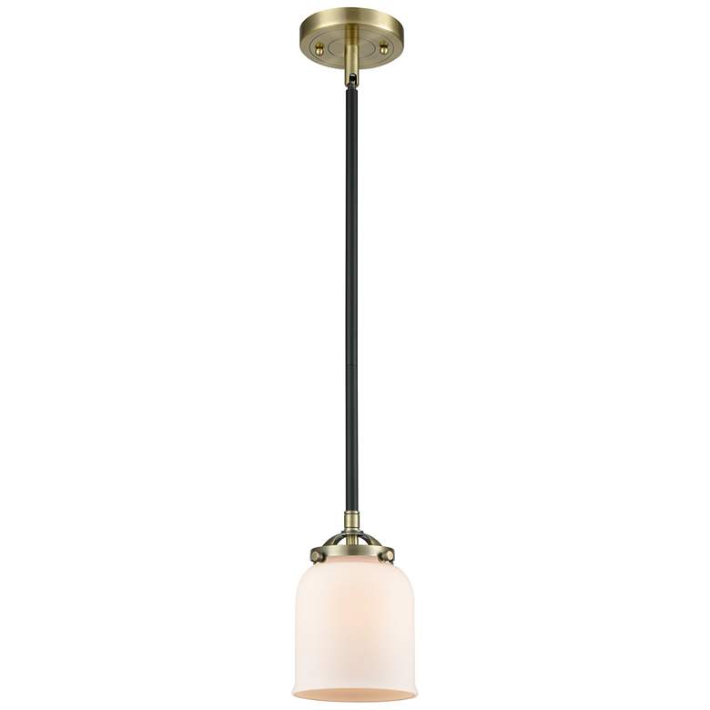Image 1 Nouveau Bell 5 inch Wide Black Brass Stem Hung Mini Pendant w/ White Shade