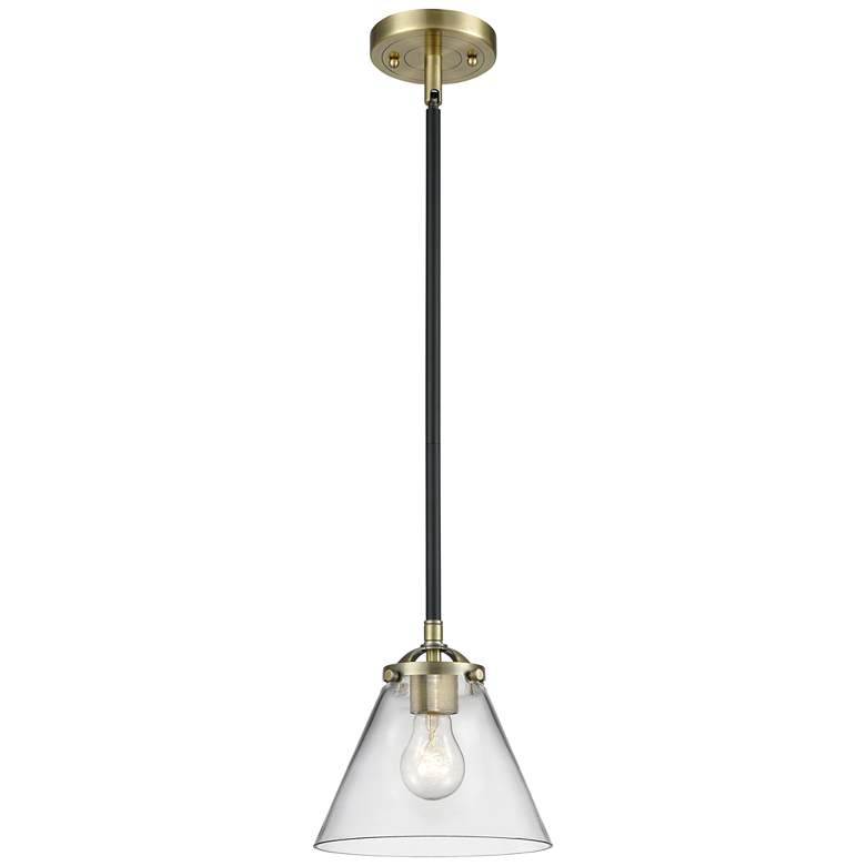 Image 1 Nouveau Cone 7.75" Wide Black Brass Stem Hung Mini Pendant w/ Clear Sh