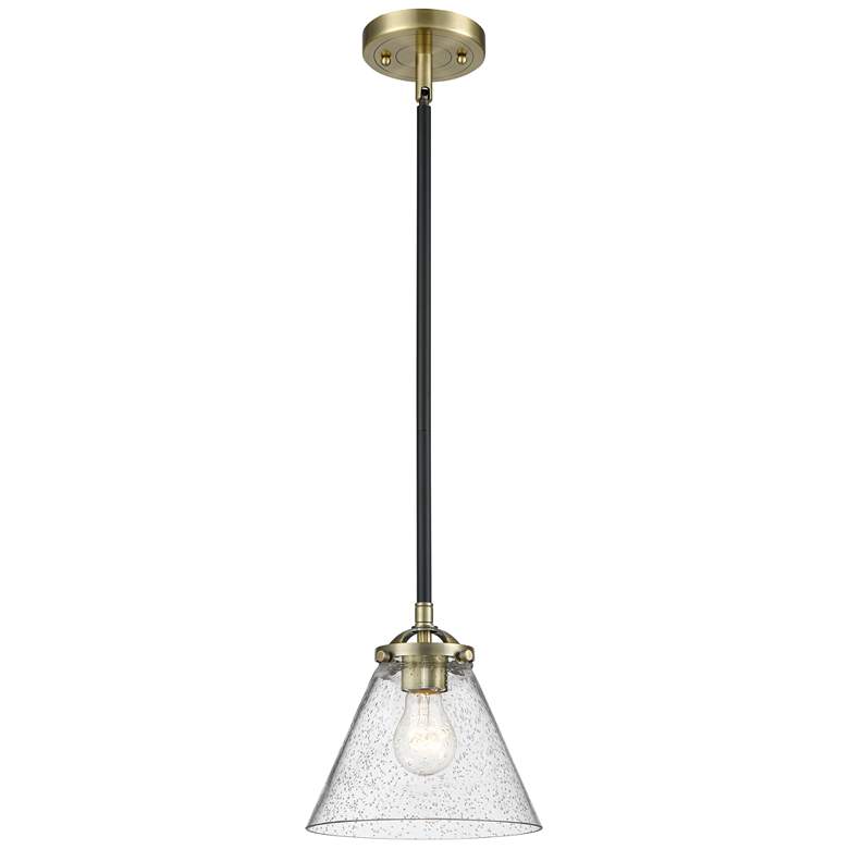 Image 1 Nouveau Cone 7.75" Wide Black Brass Stem Hung Mini Pendant w/ Seedy Sh