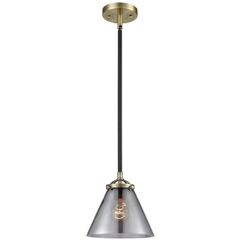 Image 1 Nouveau Cone 7.75"W Black Brass Stem Hung Mini Pendant w/ Smoke Shade
