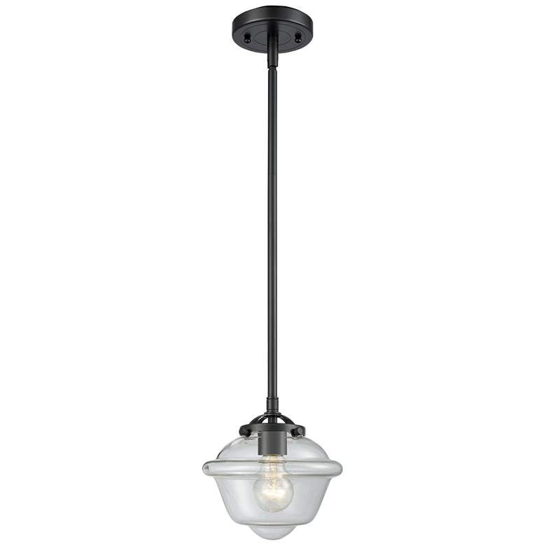 Image 1 Nouveau Oxford 7.5" Wide Bronze Stem Hung Mini Pendant w/ Clear Shade
