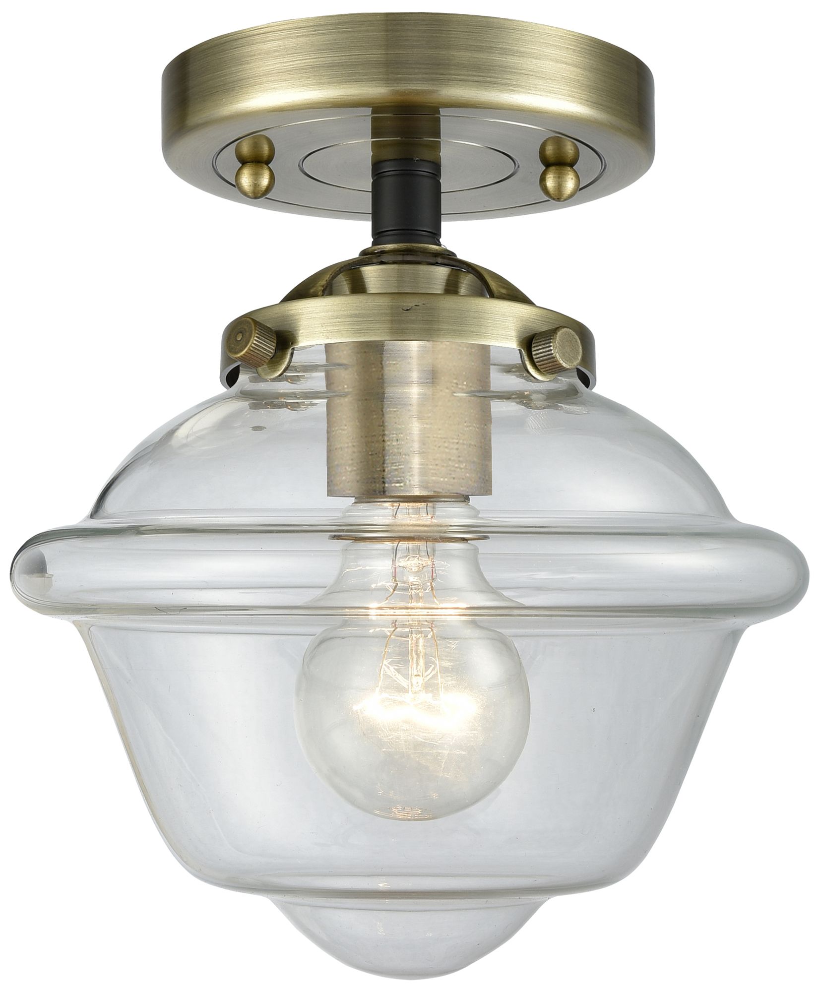 Nouveau Oxford 7.5"W Black Antique Brass Semi.Flush Mount w/ Clear Sha