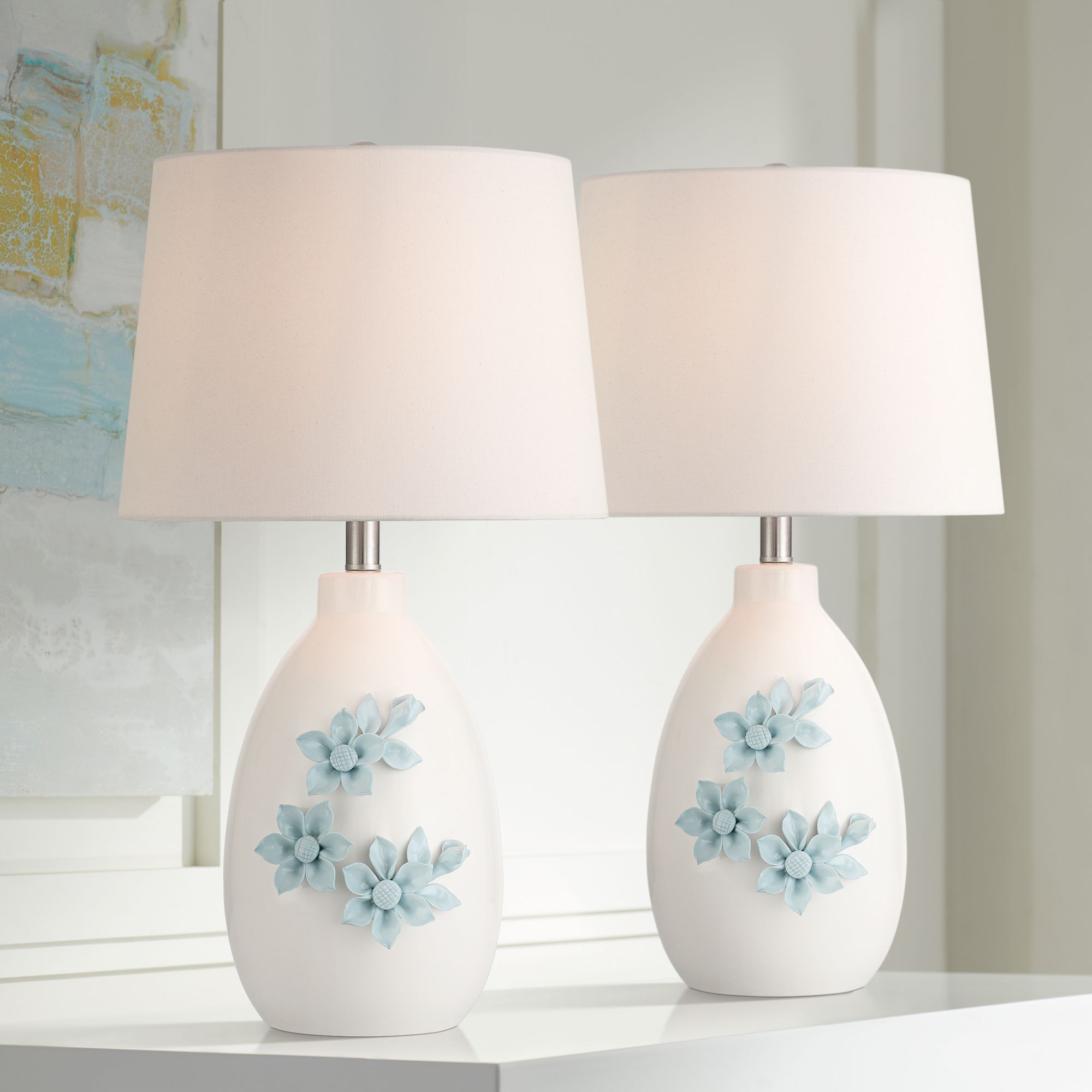 Novalis 24" High Blue Flower Ceramic Table Lamp Set of 2 with Dimmer