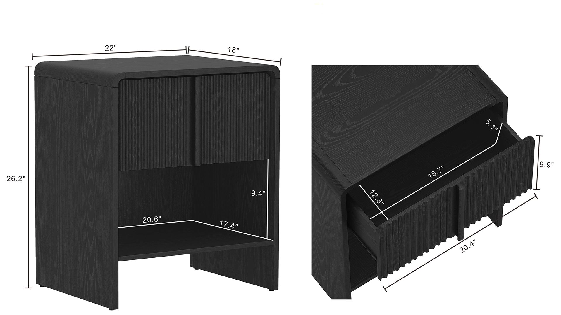 Image 4 Novara Contemporary 22" Nightstand in Black (1-Drawer) more views