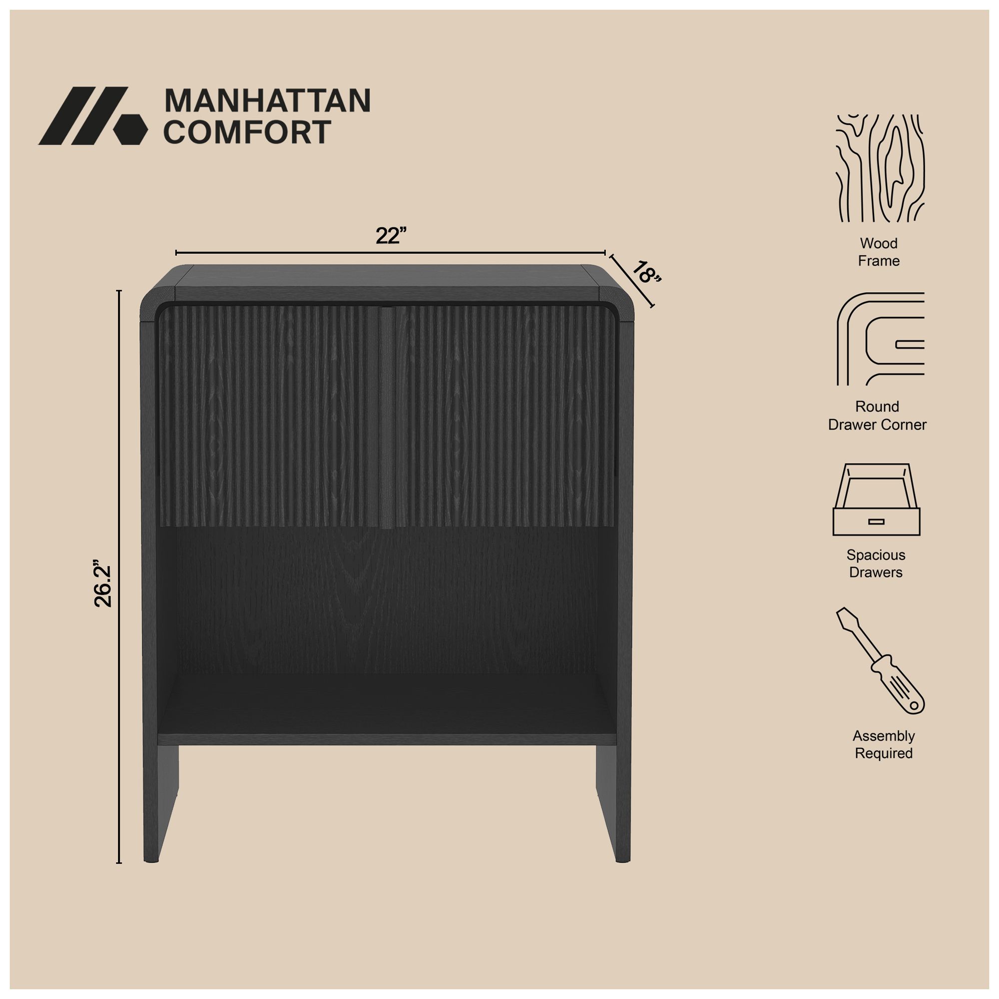 Image 5 Novara Contemporary 22" Nightstand in Black (1-Drawer) more views