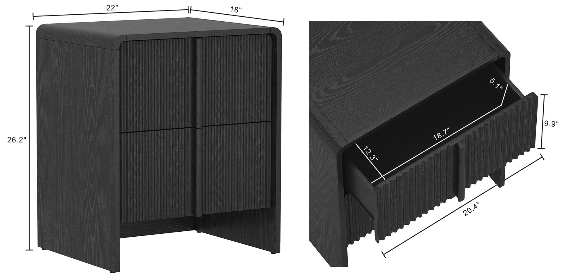 Image 4 Novara Contemporary 22" Nightstand in Black (2-Drawer) more views