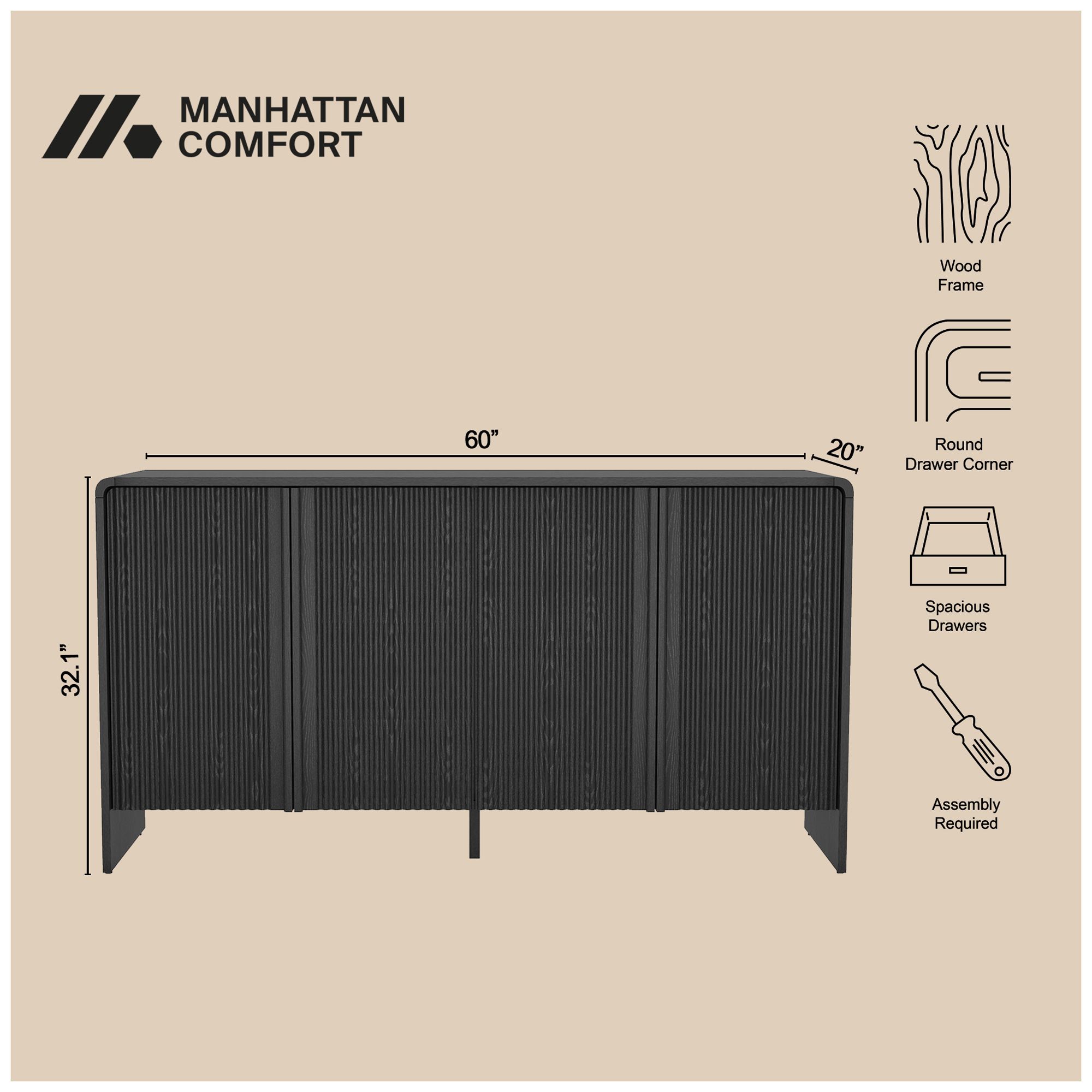 Image 5 Novara Contemporary 60" Sideboard in Black (4-Door) more views