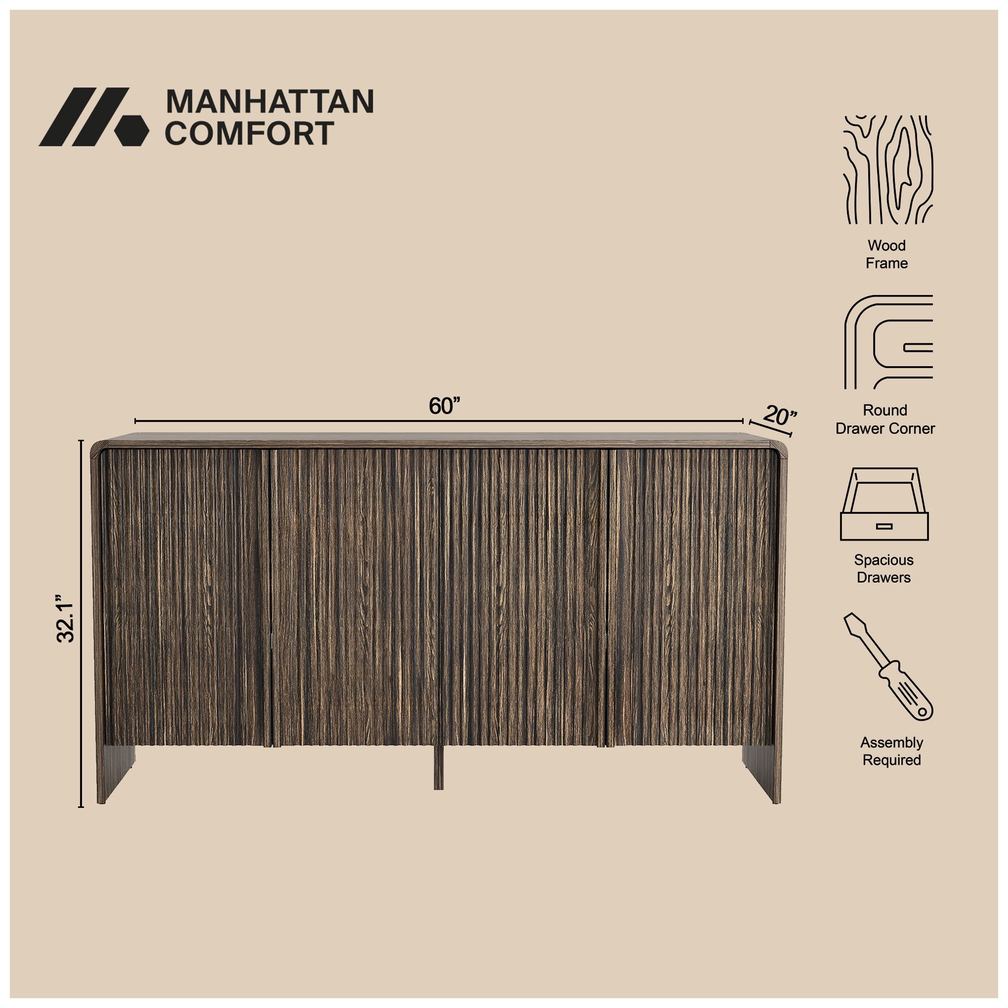 Image 5 Novara Contemporary 60" Sideboard in Jacobean Walnut (4-Door) more views