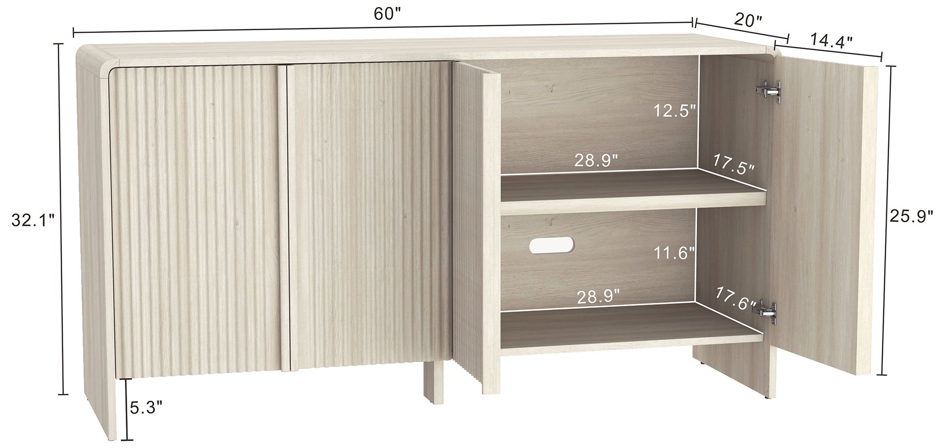 Image 4 Novara Contemporary 60" Sideboard in Whitewashed Oak (4-Door) more views