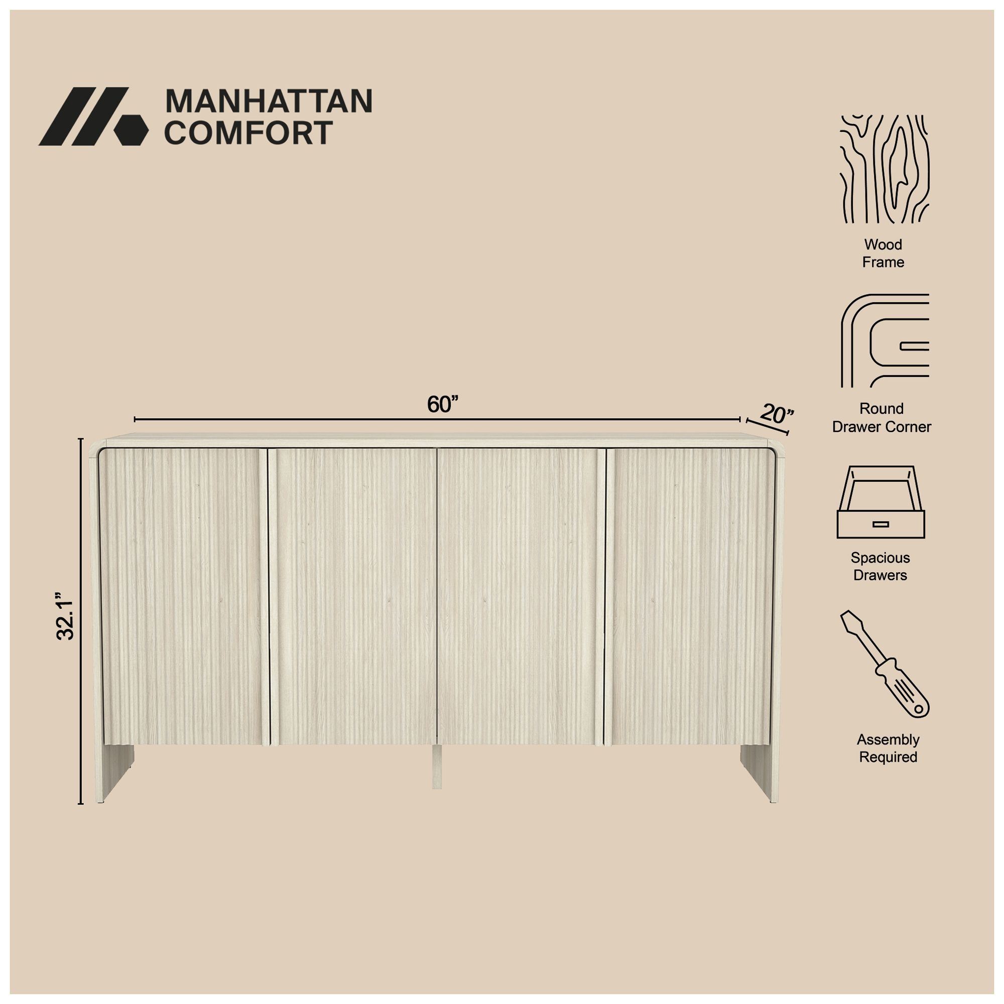 Image 5 Novara Contemporary 60" Sideboard in Whitewashed Oak (4-Door) more views
