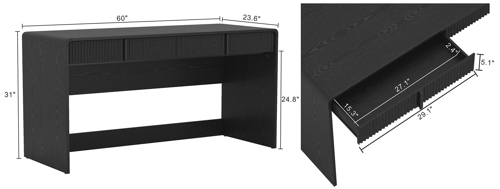 Image 4 Novara Contemporary 60" Writing Desk in Black (2-Drawer) more views