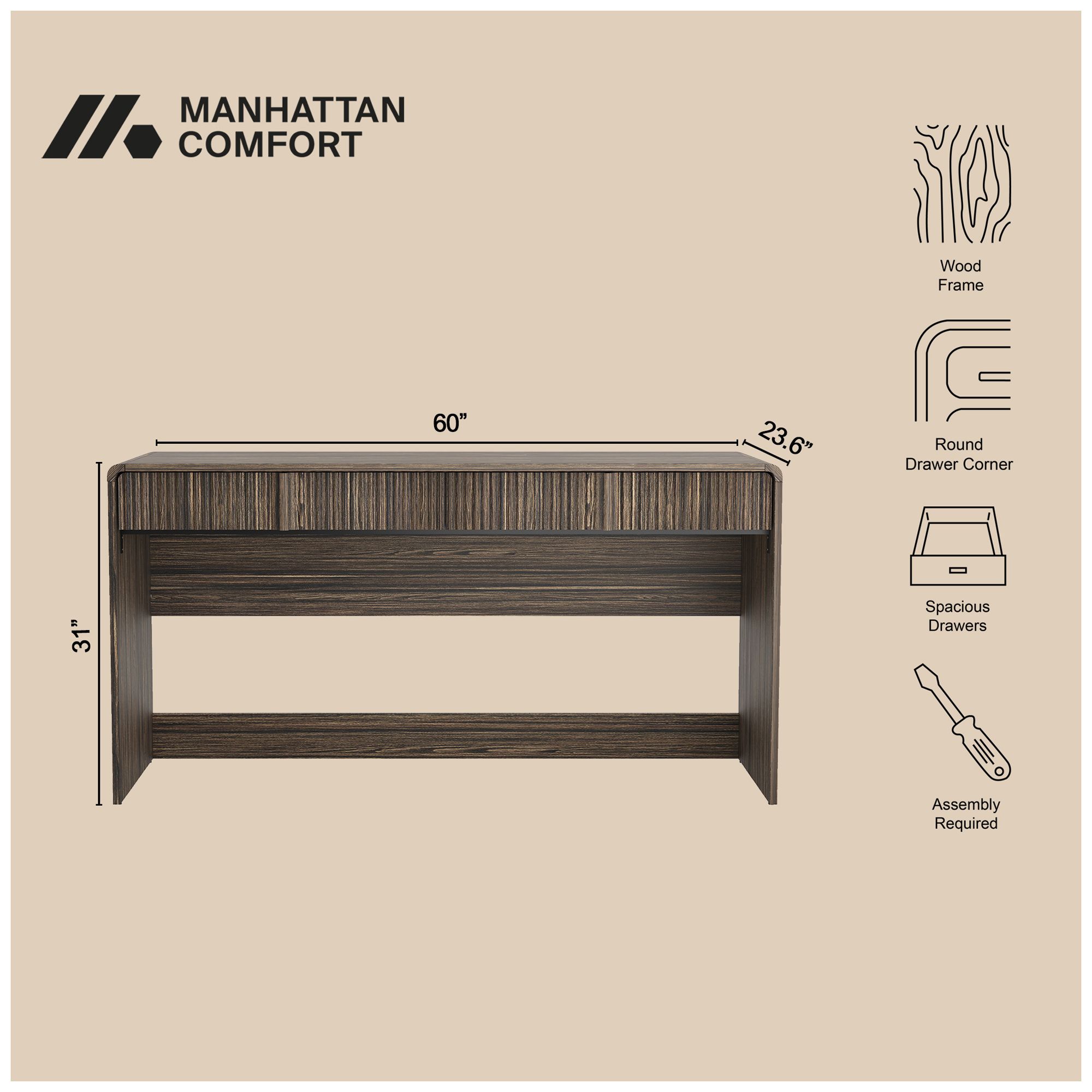 Image 5 Novara Contemporary 60" Writing Desk in Jacobean Walnut (2-Drawer) more views