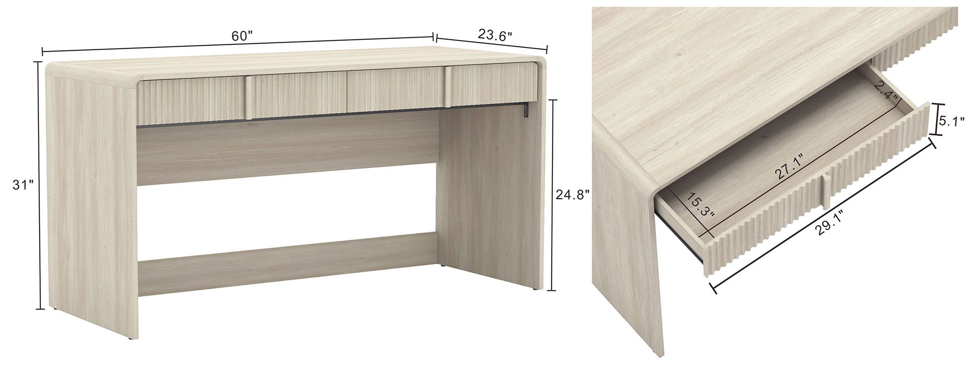 Image 4 Novara Contemporary 60" Writing Desk in Whitewashed Oak (2-Drawer) more views