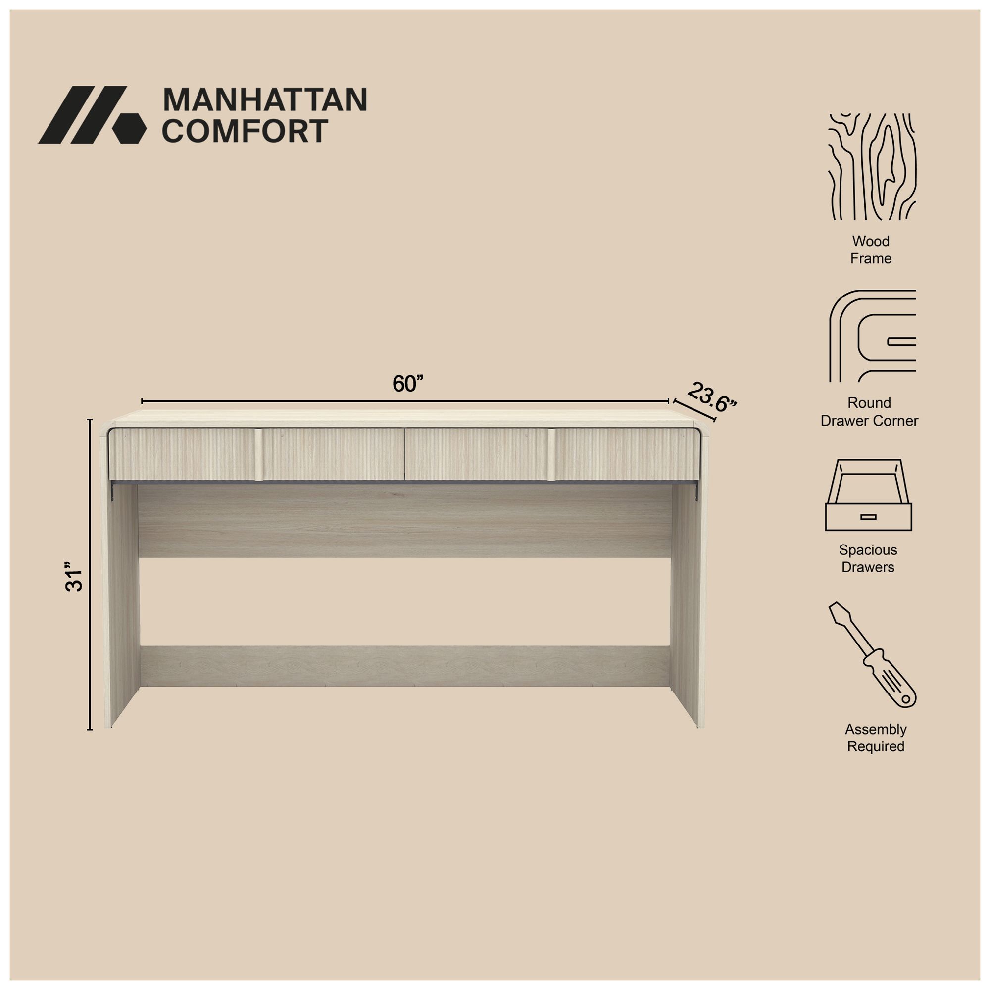 Image 5 Novara Contemporary 60" Writing Desk in Whitewashed Oak (2-Drawer) more views