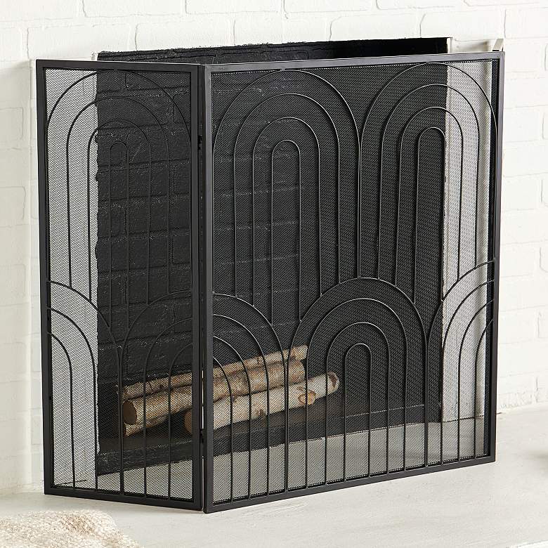Image 1 Novogratz Black 30 inch High 3-Panel Geometric Fireplace Screen