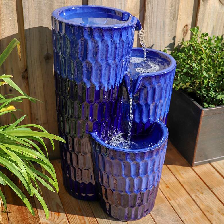 Image 1 Nueva 25 inch High Cobalt Blue Ceramic Outdoor Floor Fountain